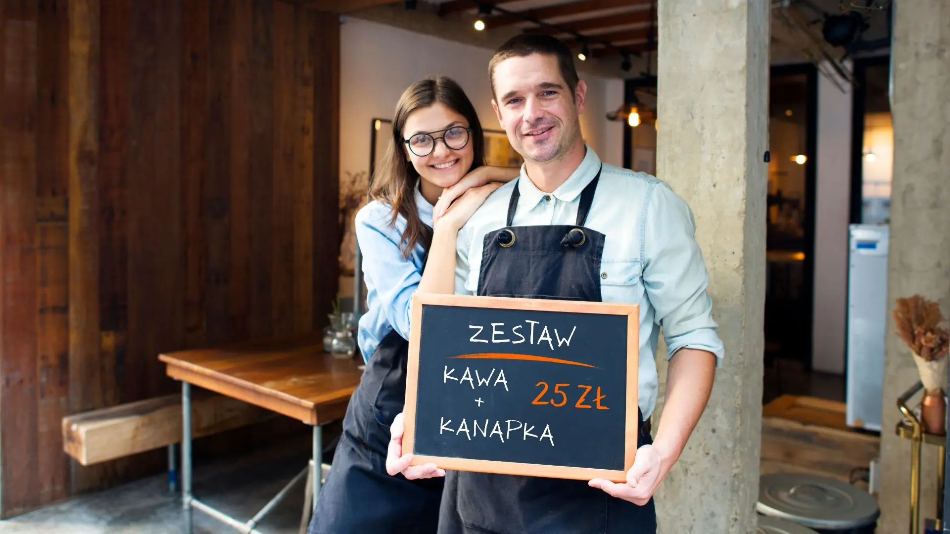 Kelnerka i kelner stoja przed kawiarnią z tablica z ofertą promocyjną dla kawy